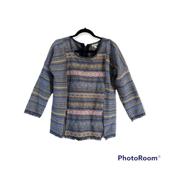 Lucky Brand Tops - LUCKY BRAND Womens Chunky Tweed Boho Sweater Crochet Bottom Fray Blue Size L
